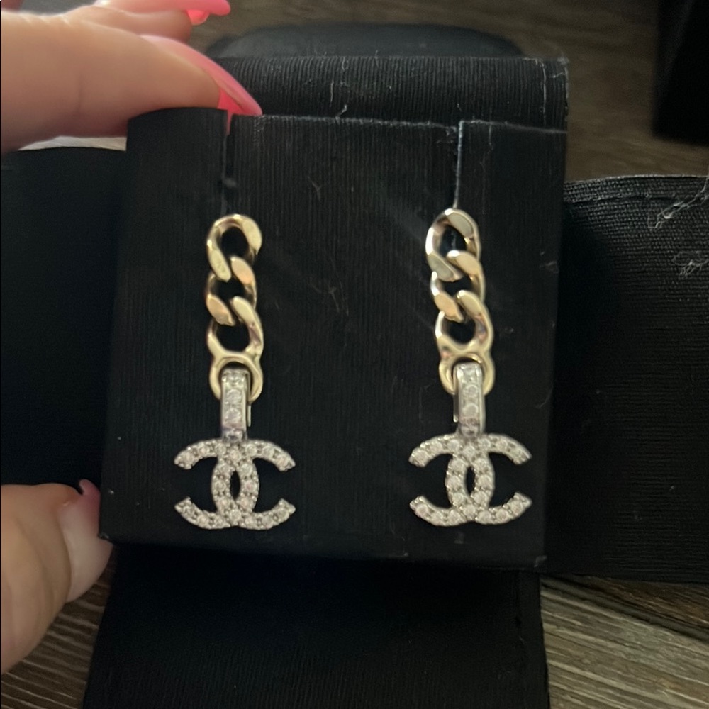 Chanel Gold, Silver and crystal Chain Earrings in immaculate condition